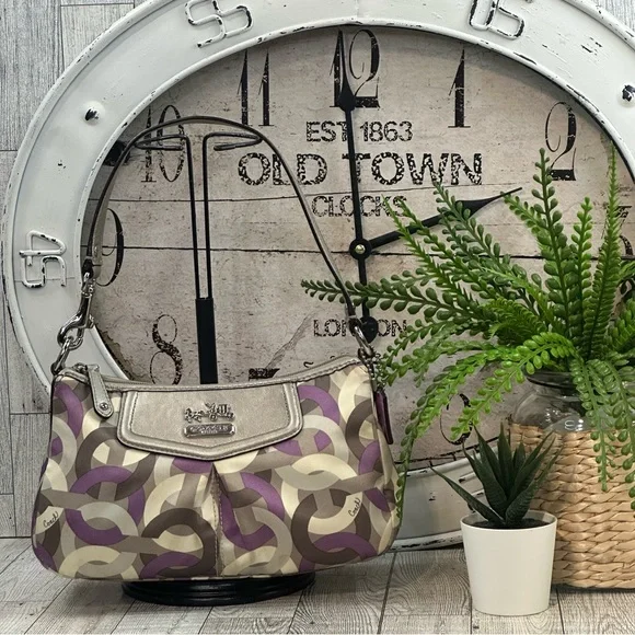 COACH - Mini Madison Op Art Shoulder Handbag Purple Silver Cream & Gray - Picture 2 of 15